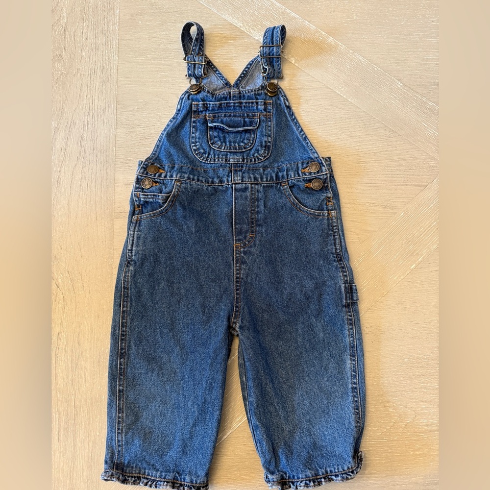 Girls Ruffled Jean Denim Overalls in Medium Blue